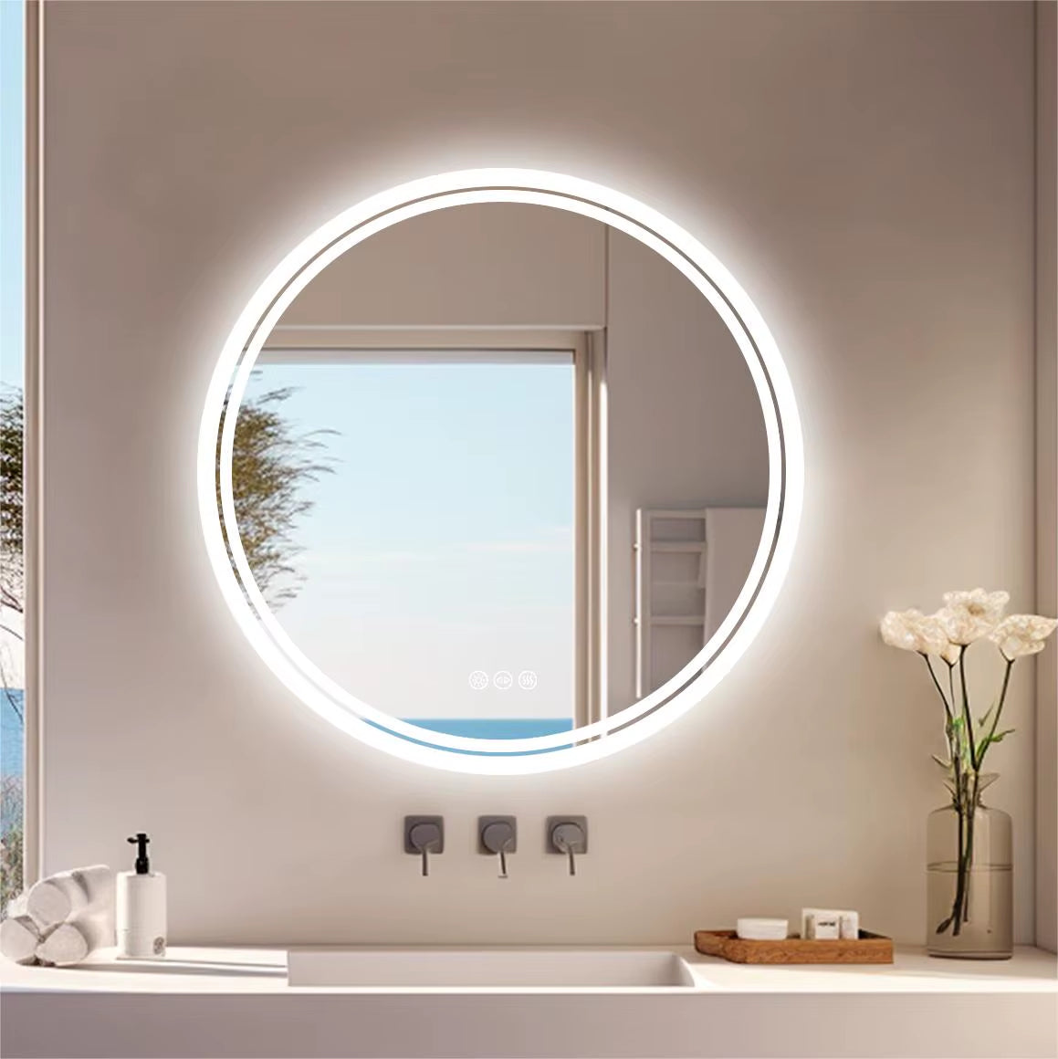 Large round LED Bathroom Vanity Mirror Anti-Fog with Brighter Lights for Makeup Wall Mount Smart Touch