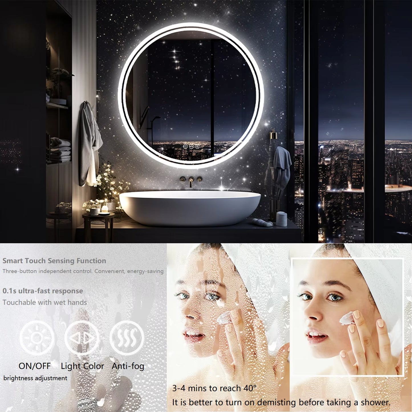 Large round LED Bathroom Vanity Mirror Anti-Fog with Brighter Lights for Makeup Wall Mount Smart Touch